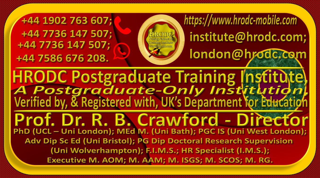 Mobile Site’s Home Page Header, for hrodc-mobile.com, the mobile web version of HRODC Postgraduate Training Institute, A Postgraduate-Only Institution (https://www.hrodc-mobile.com/), with contact details and hyperlink